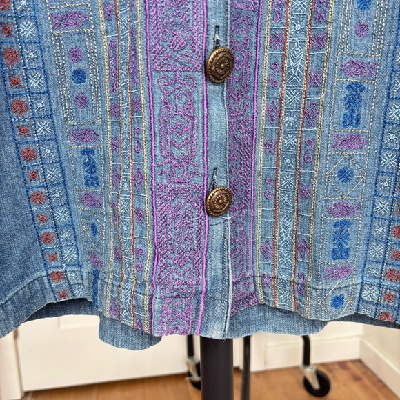 Vintage mandarin collar Embroidered 100% cotton Denim Jacket Sz XL - Picture 3 of 14
